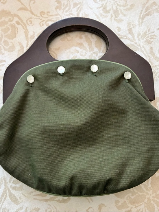 Vintage Handbags - Bermuda Bag Purse Olive Green Cotton Cover 4 Button Wood Handles Vintage